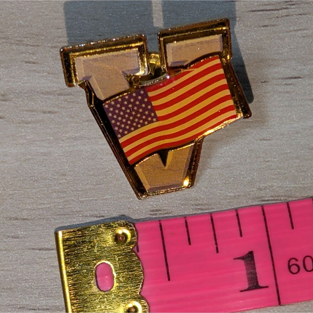 Vintage V Patriotic American Flag Lapel Pin Gold Tone Red White Blue Enamel